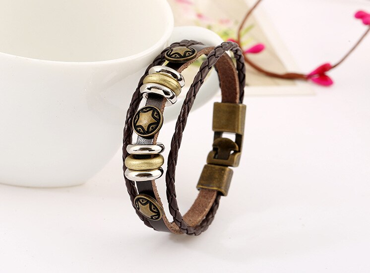 Vintage Beads Charm Bracelet Handmade Woven Gold Plate Leather Bracelets & Bangles For Women Men Jewelry Accessory: Stars charm