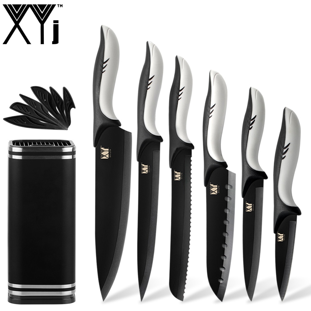 Xyj sort oxid knivsæt  of 6 & klinge beskyttende kappe rustfrit stål non-stick sort belægning klinge knive & 8 " køkkenholder
