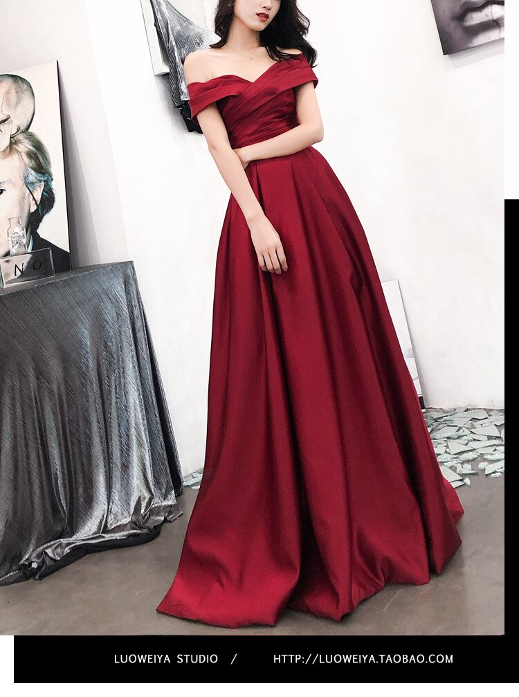 Vestido largo de noche para mujer, prenda con hombros al descubierto, temperamento Noble, talla grande, vino tinto, tostado, novia, Reunión Anual