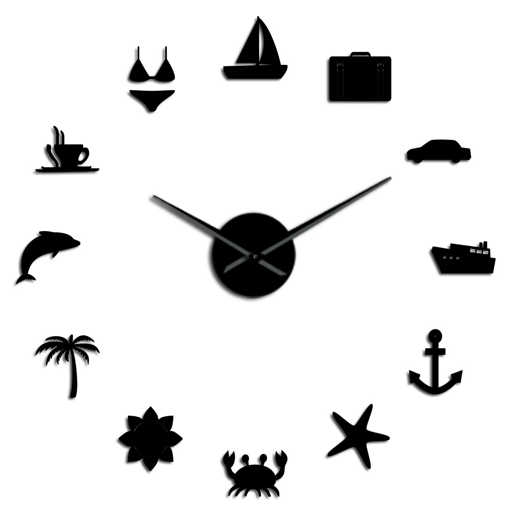 Horloge murale 3D pour le surf, la plage, les , la natation, la voile, le soleil, effet miroir, autocollant décoratif: Black / 37inch