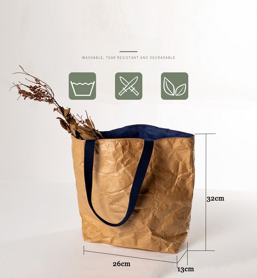 DuPont Paper Tote Bag Single Shoulder Handbag Washable Kraft Paper Canvas Shopping Bag TYVEK Waterproof