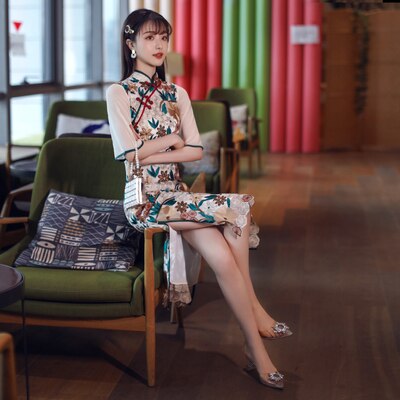 Mandarin collar embroidery party vintage luxury cheongsam dress