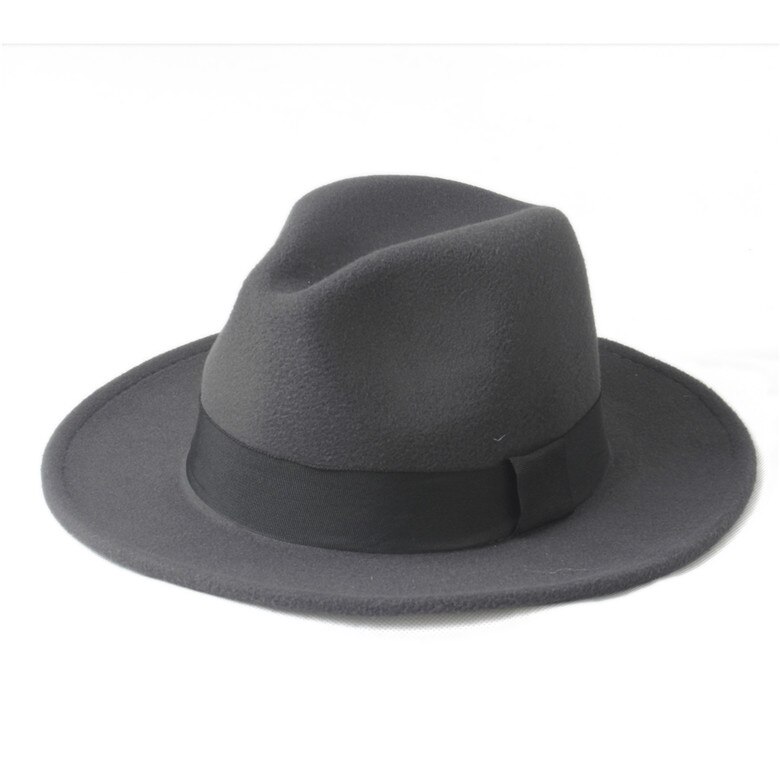 100%  uld bred rand vinter efterår mænd følte trilby fedora hat til gentleman top cloche panama sombrero cap 58cm: Mørkegrå