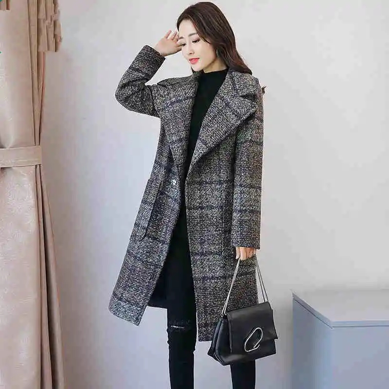 Manteau en laine pour femme, pardessus en treillis, grande taille, Long, décontracté, automne hiver