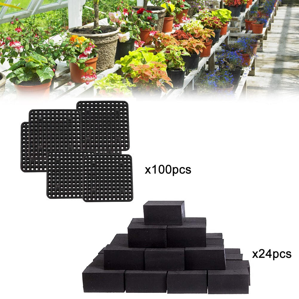 100pcs Natural Rubber Flower Pot Mat and Flower Pot Hole Mesh Pad Bottom Grid Mat for Anti Corrosion Breathable(Round-Black): Square