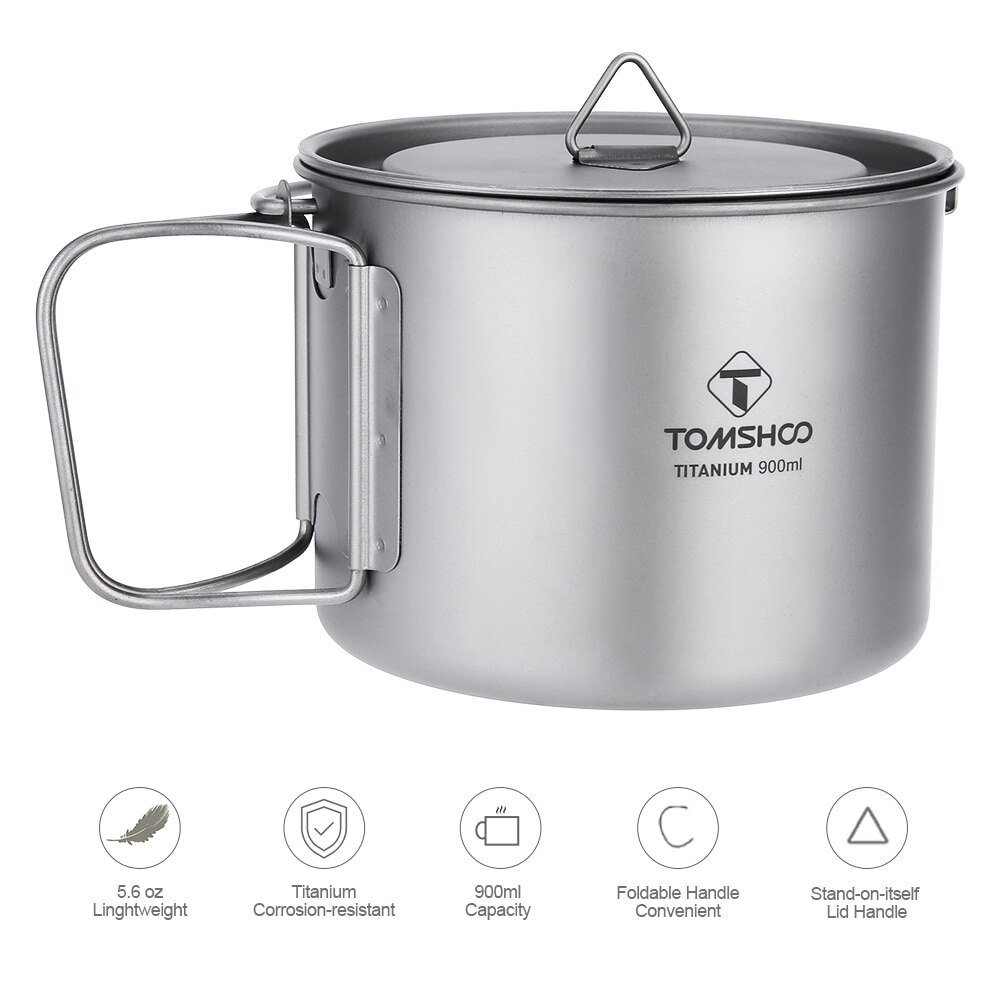 TOMSHOO 900ML Portable Titanium Pot Titanium Water Mug Cup with Lid and Foldable Handle for Outdoor Camping Cooking Picnic
