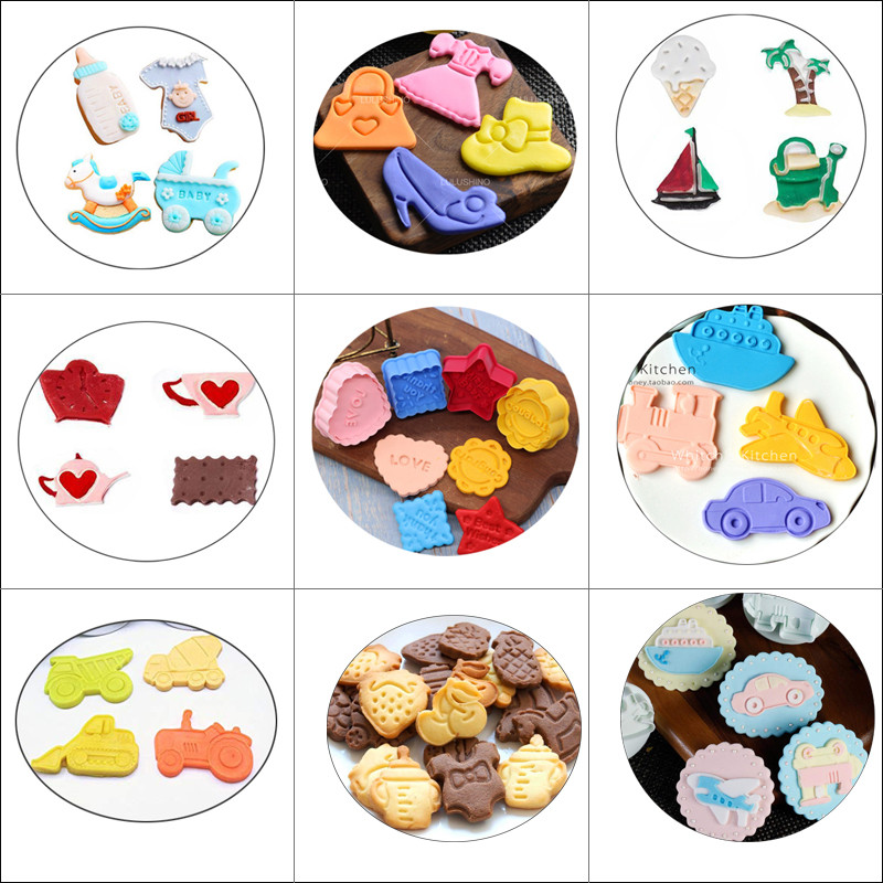 4 stk/set 3D Plunger Cookie Stempel Halloween Kerst Cookie Cutter Bakvorm Baby Plastic Reliëf Cookie Cutter Fondant Cutter