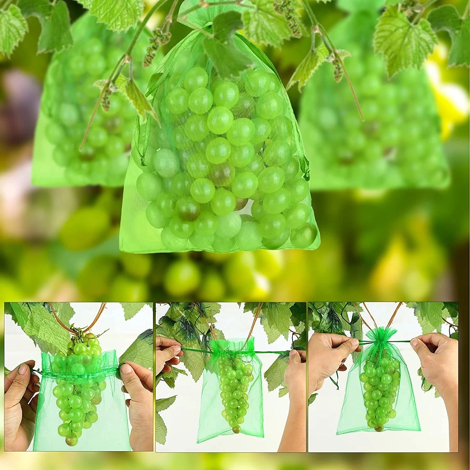 Bolsas de red de protección de frutas con cordón, bolsas reutilizables para cultivo de uvas, cubierta de fresa, bolsas de malla para Control de plagas, 50/100 Uds.