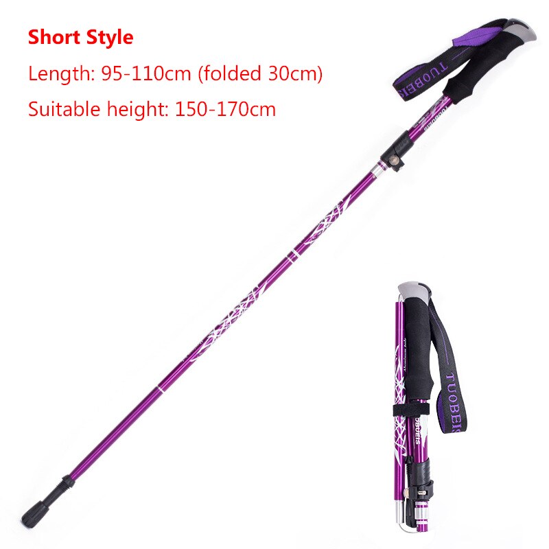 Foldable Walking Poles Anti-shock Trekking Sticks Adjustable Telescopic Baton For Hiking Climbing Accessories With Storage Bag: Short Style-Purple