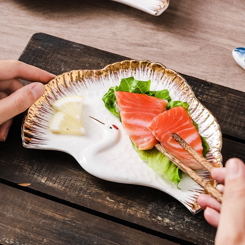 Ceramic Irregular Golden Crane Plate High-end Western Restaurant Steak Plate Sushi Sashimi Ceremony Tableware Kitchen Tableware