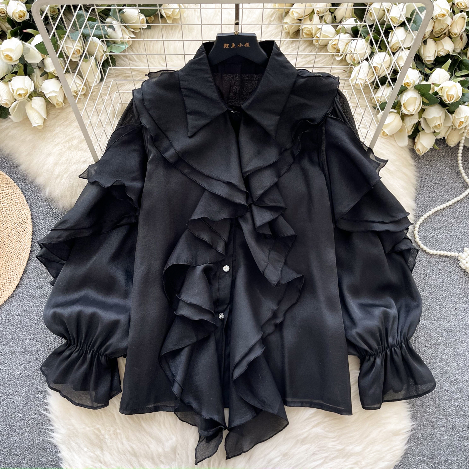 Elegant sateng tredimensjonal puff langermet plissert bluse slank sexy hotsweet skjorte kvinner streetwear koreansk  y2k: Svart