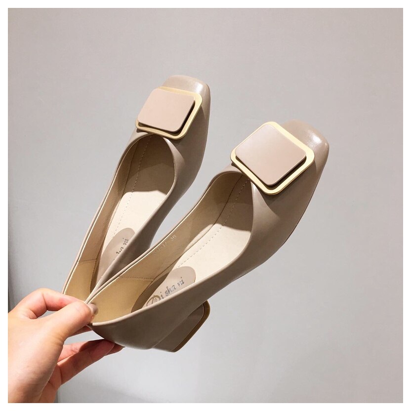 Zapatos planos de bailarina para mujer, bailarinas informales de trabajo, de tacón bajo, mocasines cuadrados con hebilla de Metal: Khaki / 7.5