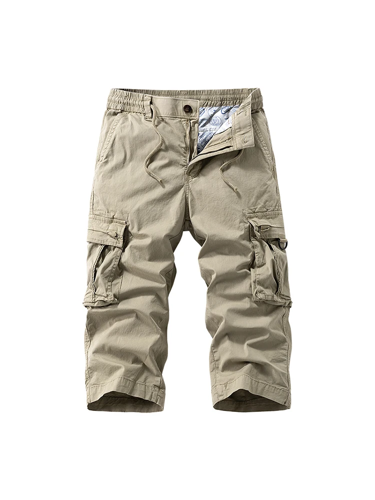 Pantalones Cargo con múltiples bolsillos, pantalones Capris rectos de algodón lavado, ropa de trabajo con cintura elástica, pantalones holgados, pantalones de verano hasta la pantorrilla para hombre: 32 / Caqui
