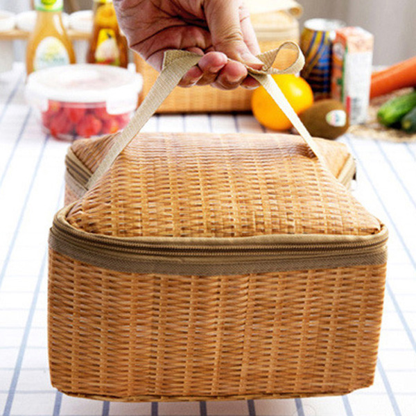 Portable Imitation Rattan Lunch Bags Insulated Thermal Cooler Lunch Box Tote Storage Bag Container Food Picnic Bag