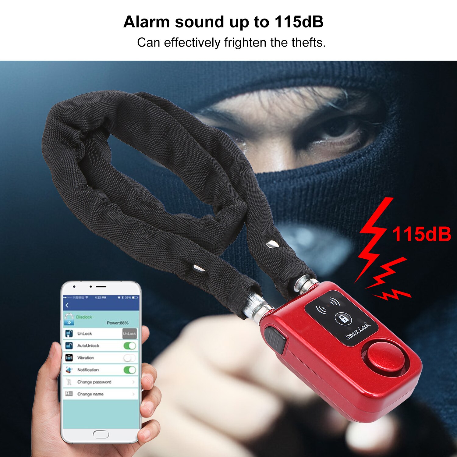 Keyless BT Lock 80CM Steel Cable Anti Theft Alarm Lock Phone APP Control Smart Lock for Bicycle Motocycle Gate Lock IP55