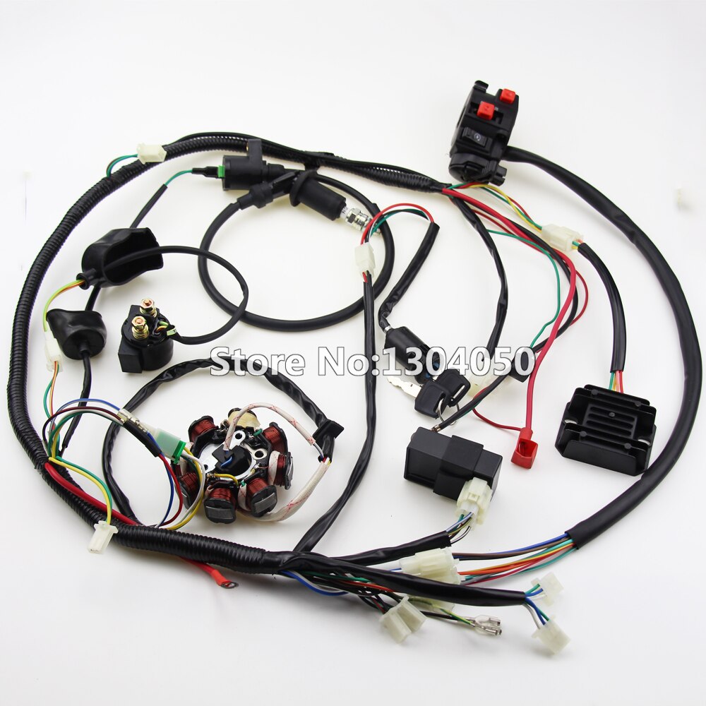BUGGY WIRING HARNESS LOOM GY6 CDI ELECTRIC START STATOR 8 COIL C7HSA SPARK PLUG SWITCH ENGINE 150CC QUAD ATV GO KART KANDI DAZON