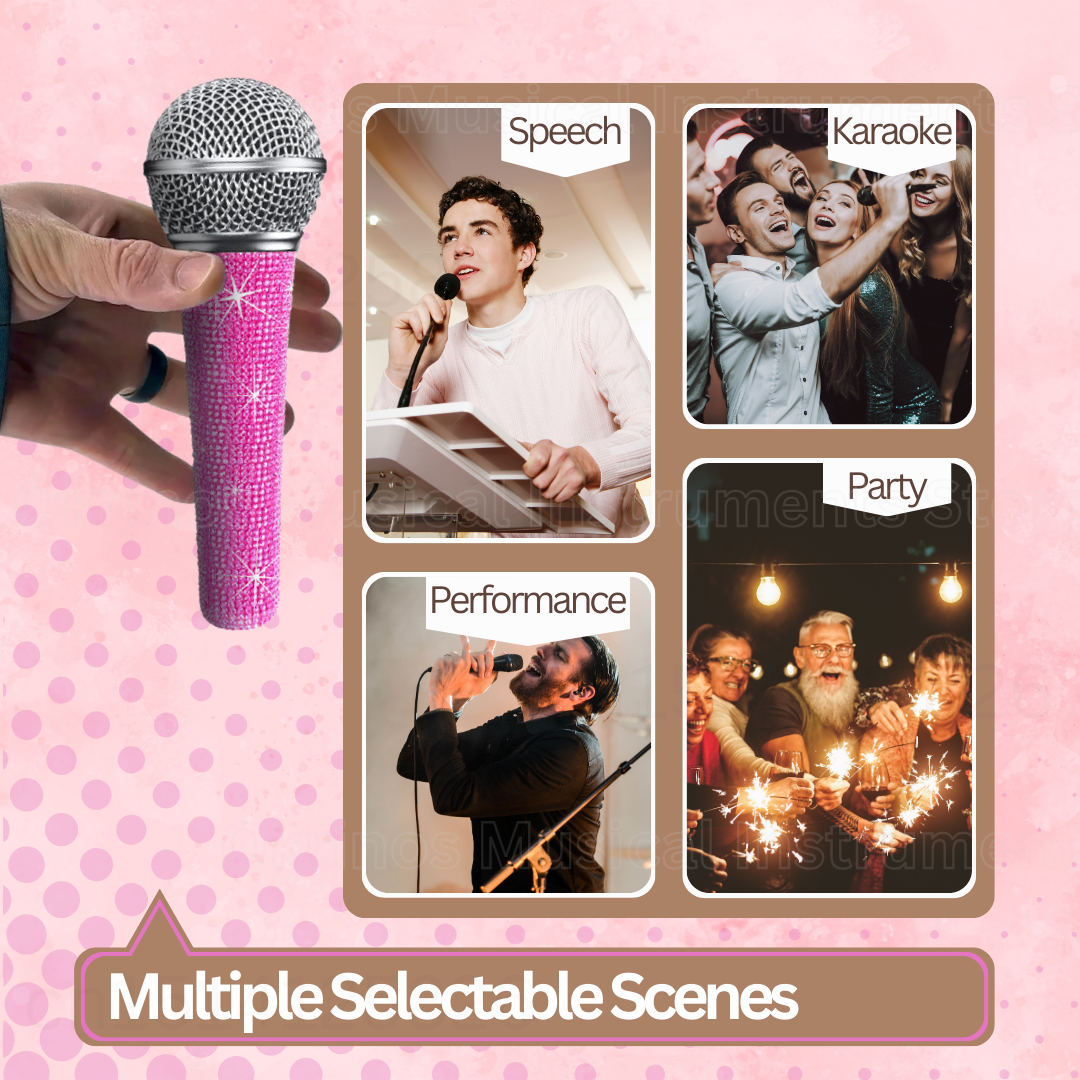 Micrófono de karaoke Bling Pink: micrófono vocal dinámico con cable XLR, cuerpo de metal, mango brillante para cantar, fiestas