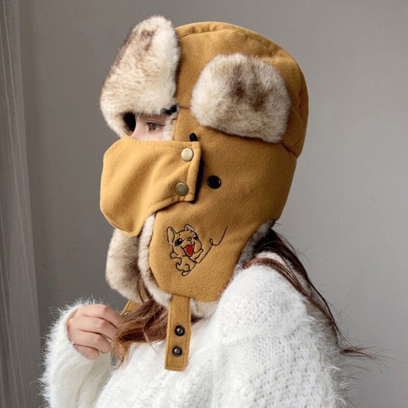 HT2876 gorro ruso grueso y cálido para mujer, gorro de Invierno para mujer, gorro con orejeras, gorro de esquí para nieve, máscara de mujer, gorro de piel Ushanka, sombrero de bombardero para mujer: Amarillo