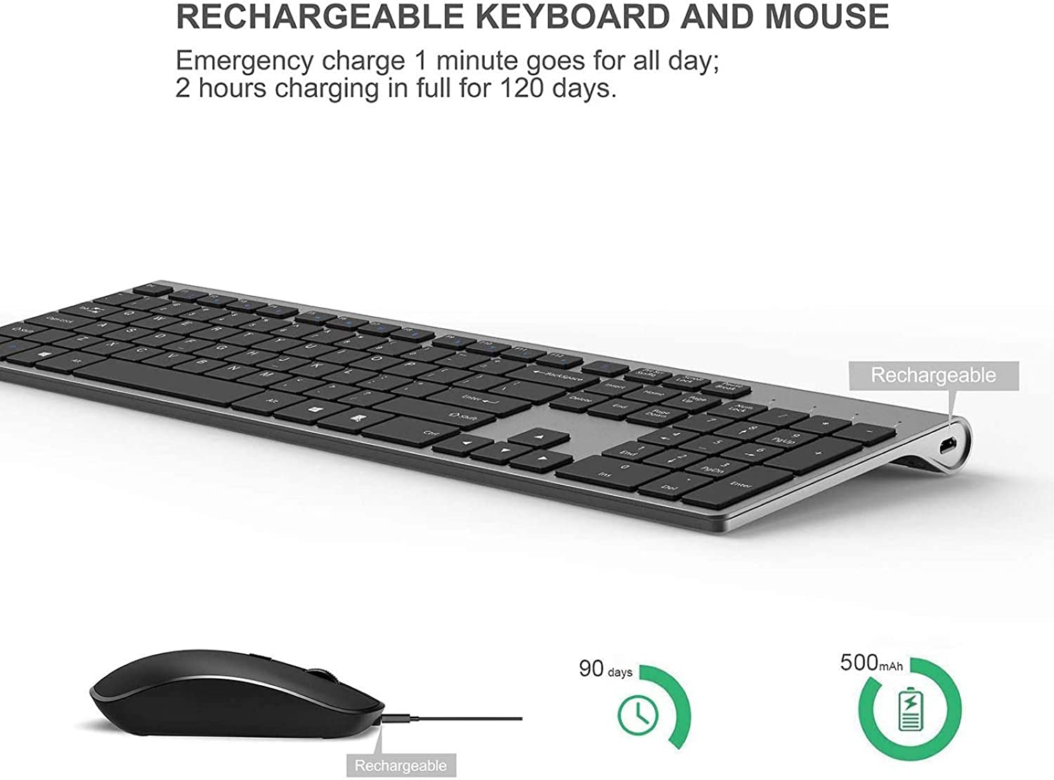 Rechargeable Wireless Keyboard Mouse 2.4G Full Size Thin Ergonomic And Compact For Laptop, PC, Desktop，Computer, Windows