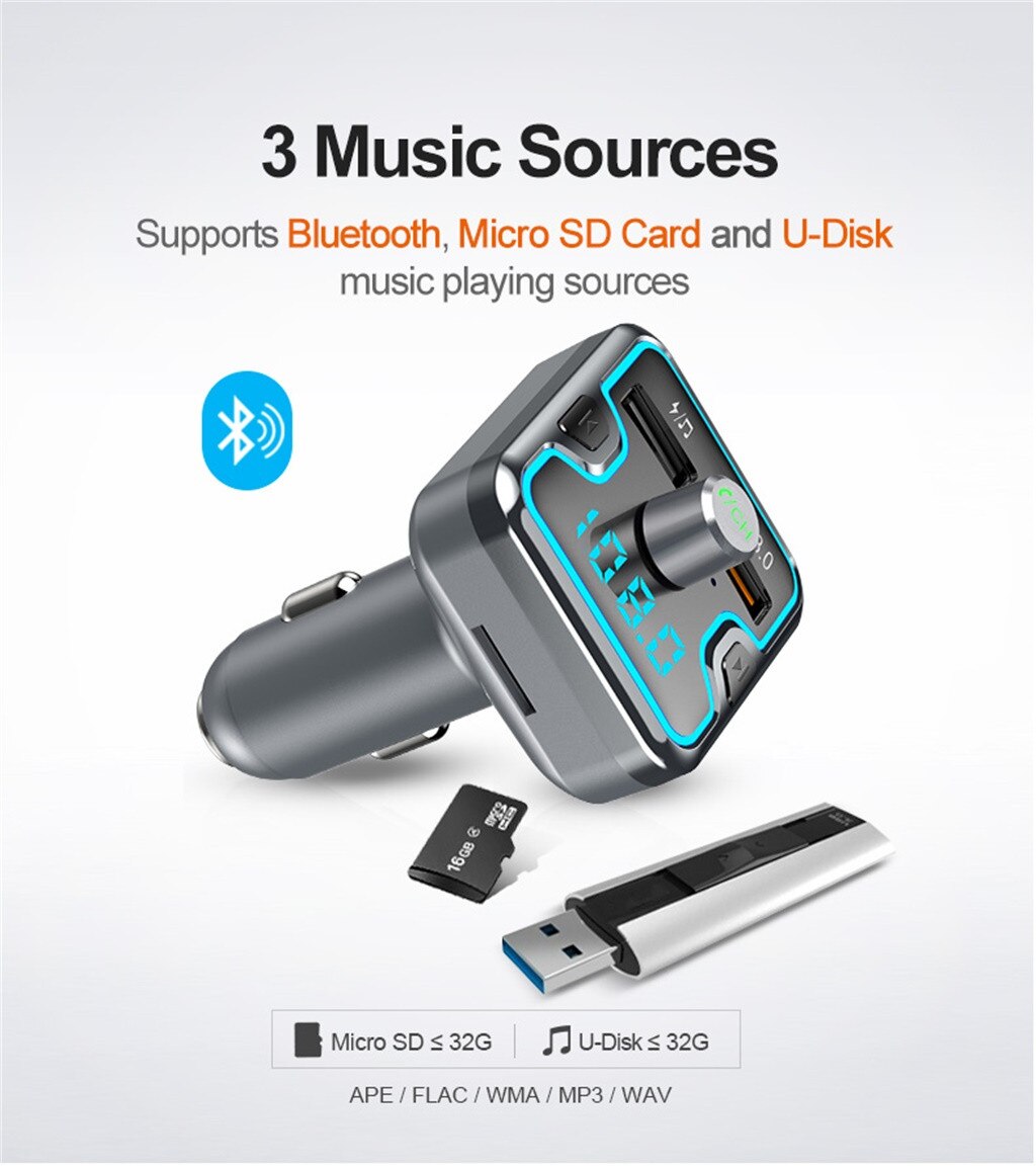 Usb Auto Blueteeth Fm Transmitter Car Charger Adapter Sigarettenaansteker Power 7 Kleuren Met Handen Gratis Auto Led Backlight MP3
