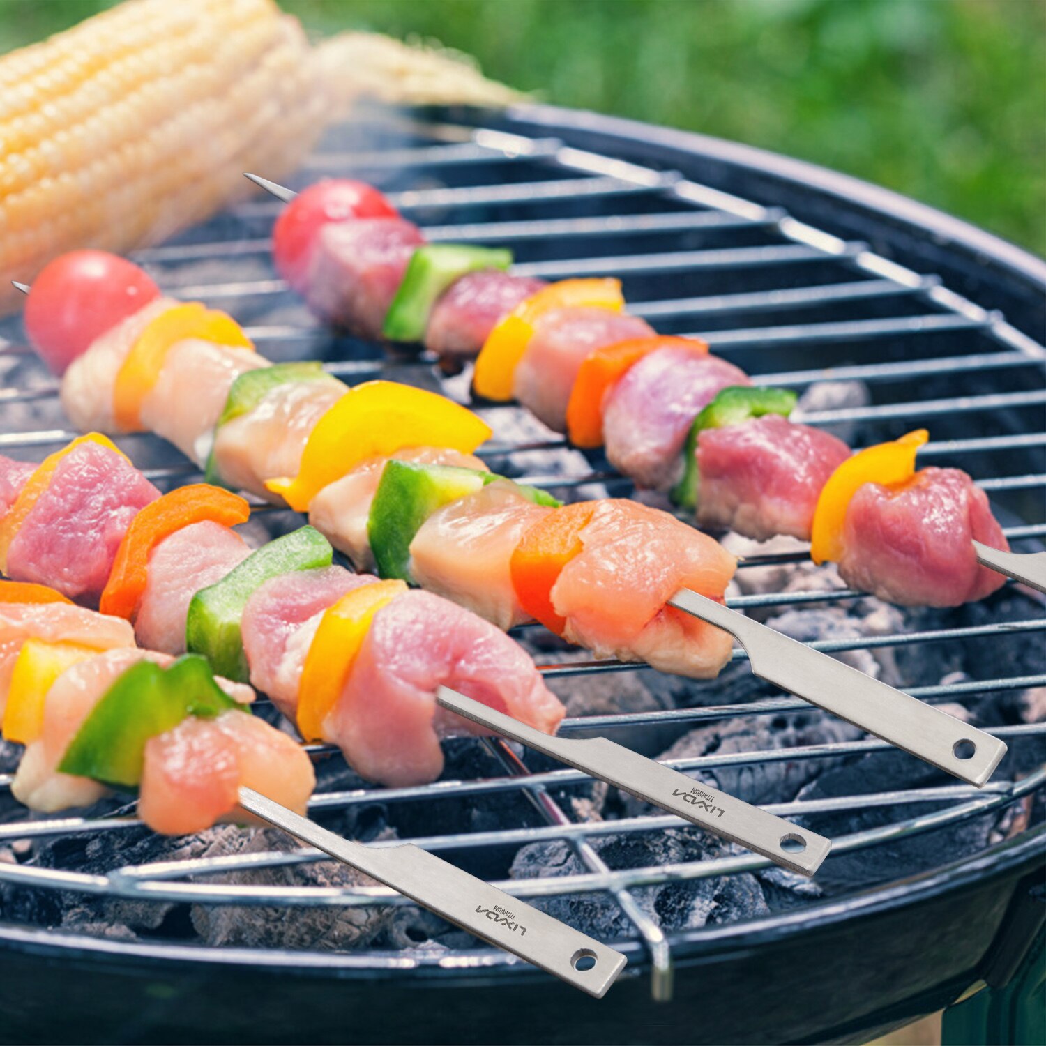 Lixada 5 st återanvända platta titan grillspett utomhus bakgård picknick grill grill grill kabob spett grillpinnar med trådring