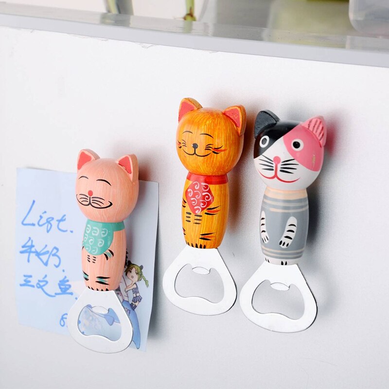 1 Uds de madera multifuncional gato de dibujos animados cerveza abrebotellas magnético refrigerador