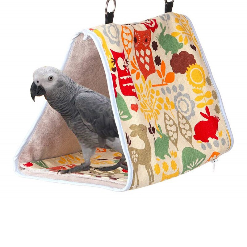 Nido de Pájaro para acurrir, refugio para loros, cálido triángulo de dibujos animados, tipo colgante, cama de felpa, accesorios para jaulas de pájaros, suministros para aves: blue animal flower / S