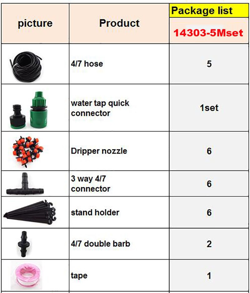 5M 4/7Mm Slang Diy Druppelsysteem Automatische Watering Kit Tuingereedschap Set Verstelbare Micro Druppelaar voor Planten: 14303-5Mset