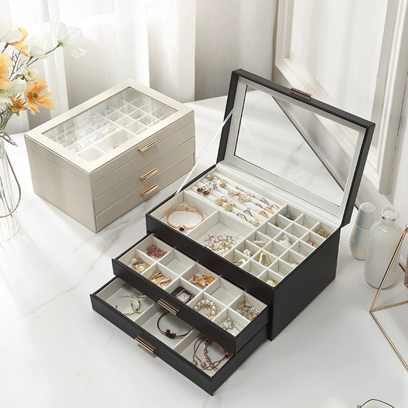 Caja de joyería de viaje portátil, cajas S/M/L, organizador de joyas de 3 capas, caja de joyería con botón, almacenamiento de cuero, Joyeroe para joyeros