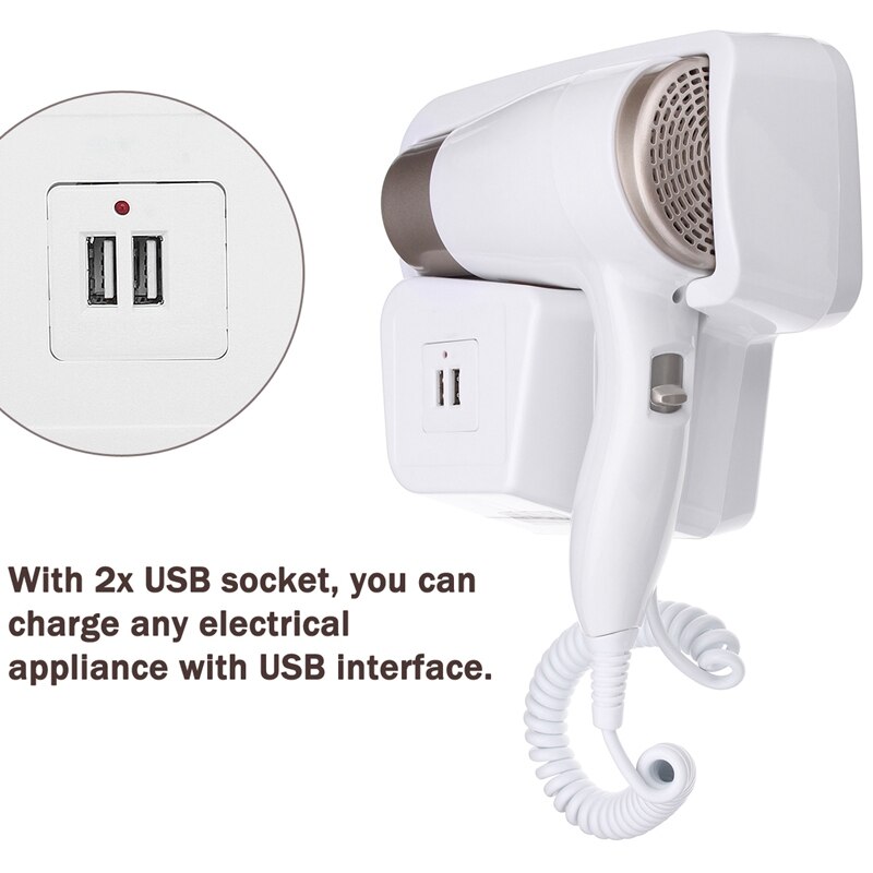 220V 1300W 2 Modes Adjustable Usb Socket Wall Hanging Type Electric Hotel Home Bathroom Hair Dryer Holder Salon Hair Blow Dryer