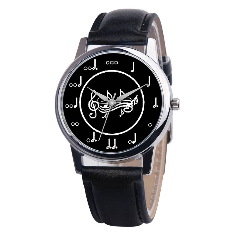 OKTIME Women PU Leather Strap Wrist Watch Musical Note Round Dial Casual Analog Quartz Watches TT@88: Black