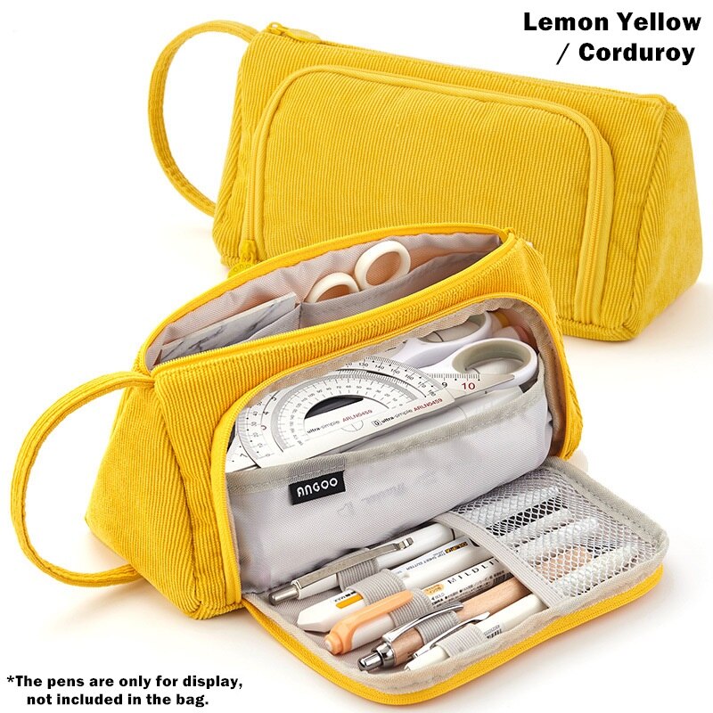 Angoo [Pure] Kleur Etui, Multi Slot Pen Zak, grote Opslag Pouch Organizer Voor Briefpapier Cosmetische Reizen Portemonnee A6443: Yellow Corduroy
