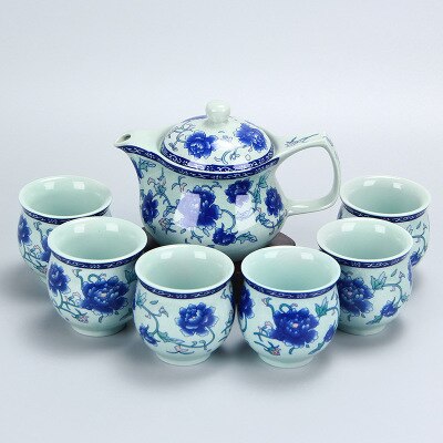 Kung fu te sæt, keramisk tekande dragt, blå og hvid porcelæn serie, anti skold dobbelt lag kop, japansk stil te sæt: B