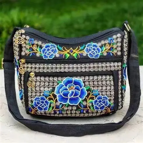 Sac de Style ethnique du Yunnan, sac à bandoulière brodé pour femmes, sacs à bandoulière entièrement brodés pour dames: vert militaire