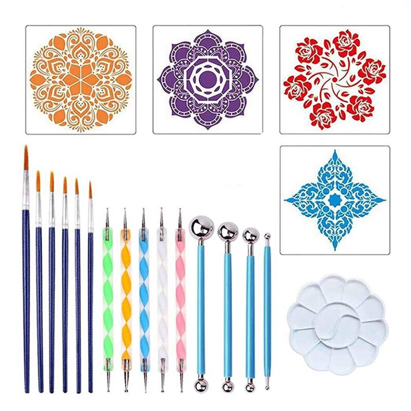 Juego de 20 piezas de herramientas de punteado de Mandala, Kit de plantillas de punteado de pintura de Mandala para pintura de arte en roca