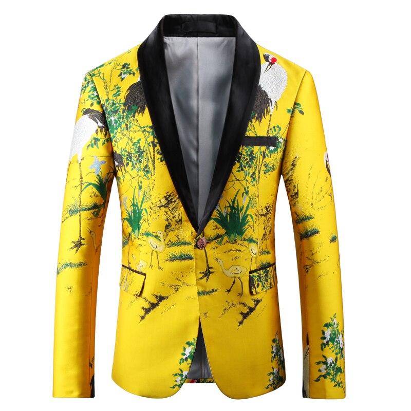 Printemps automne hommes fleur imprimer mince coupe florale jaune Blazer/homme affaires vêtements fête mariage costume veste manteau