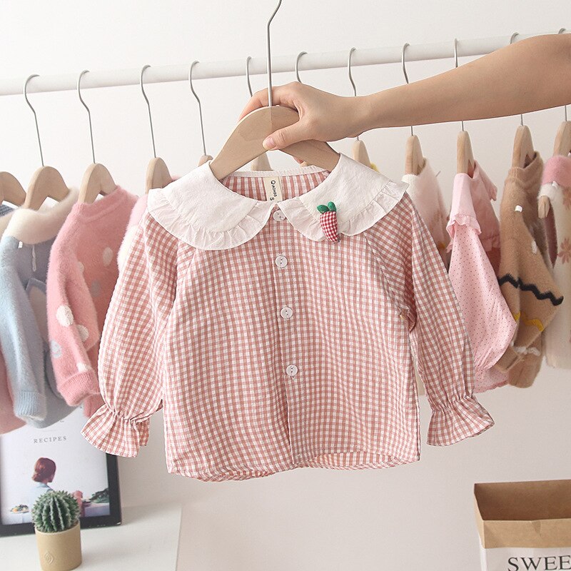 Otoño bebé niñas manga larga dibujos animados conejo solapa Collar Plaid blusa Tops niños camisas rupas de bebe