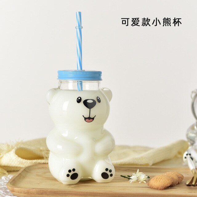 Ins Cute Featured Animal Glass Bear Cup Gingerbread Man With Straw Large Capacity Lead-Free Non-Toxic: C