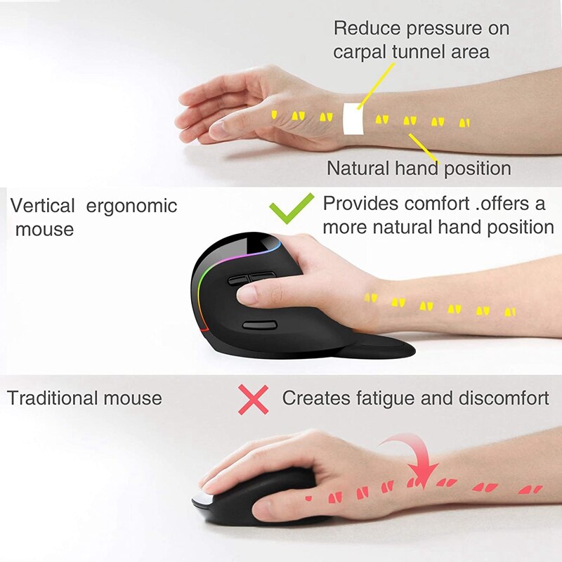 Ergonomics Vertical Mouse Wireless Gaming Mouse Rechargeable Rgb Led Backlit Hand Mice for Computer