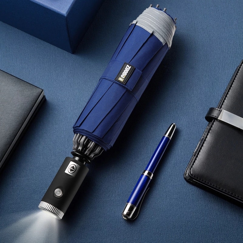 Automatic Umbrella 10 Ribs Windproof Reflective Stripe Umbrella Folding Travel Umbrellas with LED Light Flashlight