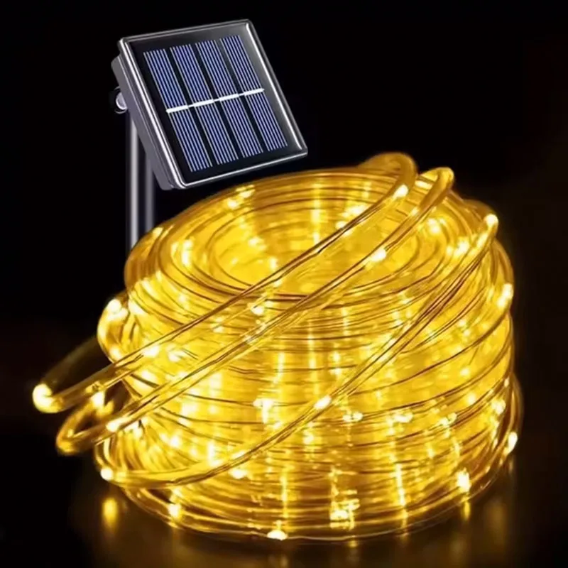 Guirnaldas de luces solares 50/100/200/300 luces LED de cadena guirnalda de cuerda de tubo para exteriores 8 modos techo jardín festivo decoración de en casa: Negro / EU