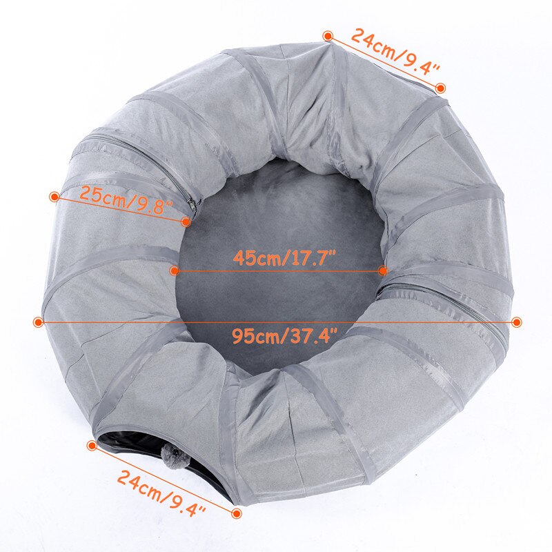 Gray Cat Toy Foldable Crossing Tunnel long Nest Cat Bed Environmentally Educational Pet Toy Round Suede Breathable Cat Bed: round