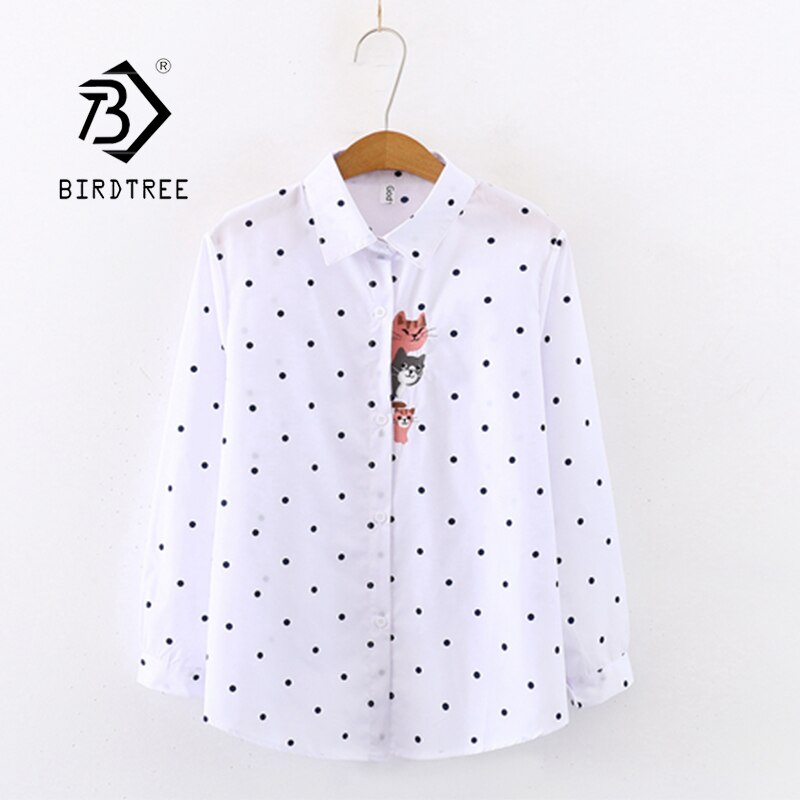 Kvinner blomsterbroderi lange armer hvit stripete skjorte knapp opp bluse skru ned krage topper feminina blusas  t9 d 627t: Punktum / M