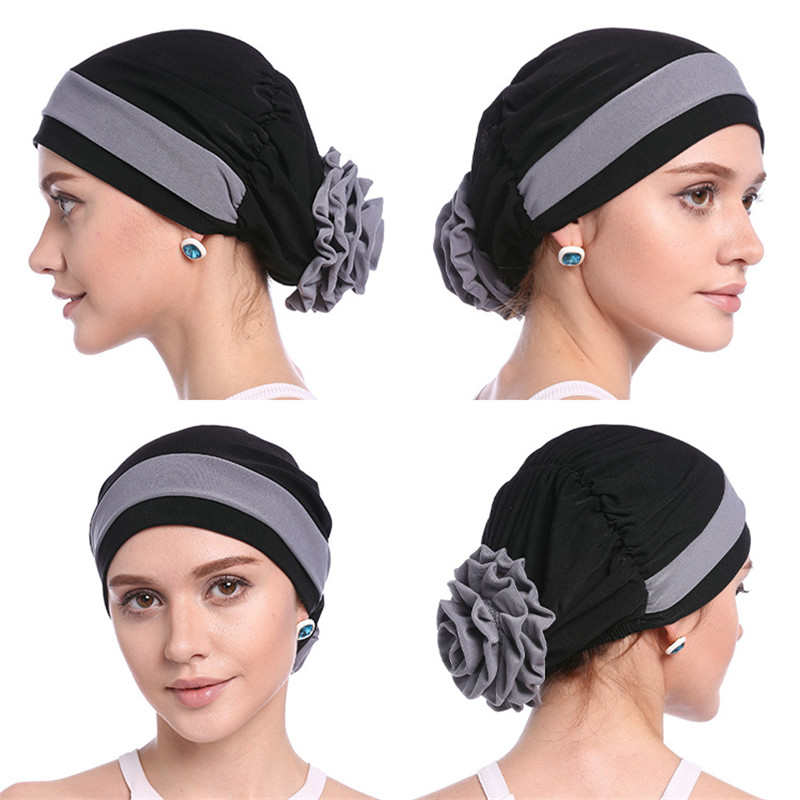 H133 frente dos colores turbante hijab estiramiento interior Hijabs cobertura completa gorras listas para usar mujeres pañuelo para la cabeza debajo del Hijab Bo: Negro