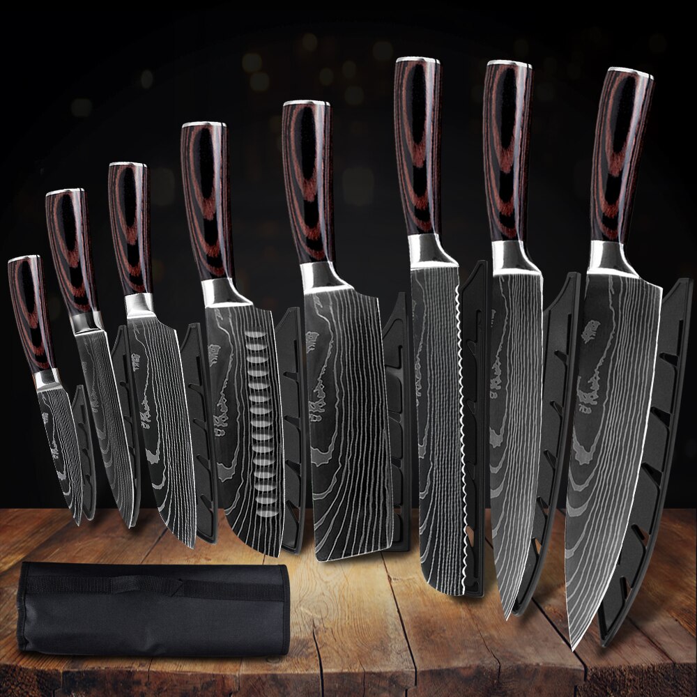 XYj Professionelle Küche Koch Messer Set Japanischen 7CR17 High Carbon Edelstahl Nachahmung Damaskus Muster Kochen Messer Set