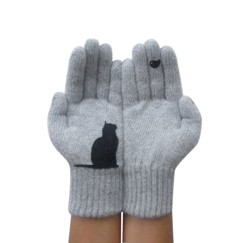 1Pair Women Girls Lovely Winter Warm Hand Protection Gloves Cartoon Cat And Bird Printed Gloves Mitten