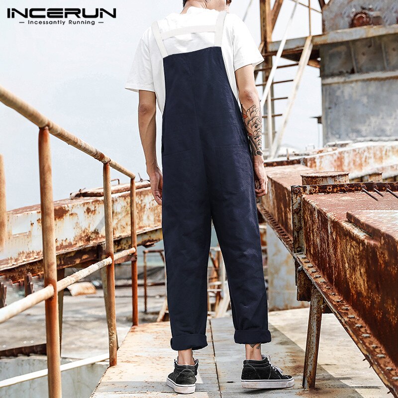 Incerun Mode Mannen Jumpsuit Solid Pockets Joggers Streetwear Knop Bretels Bib Broek Casual Chic Mens Overalls Rompertjes