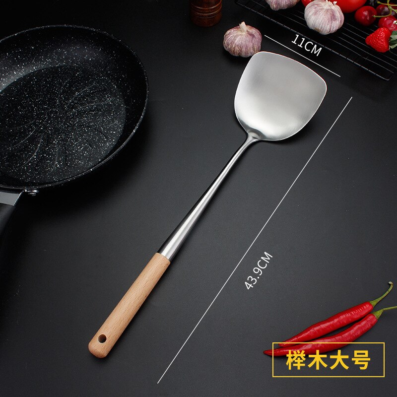 304 Stainless Steel spatula spoon with wooden handle lengthened cooking spoon anti-scalding cooking shovel kitchenware: Beech shovel  XL