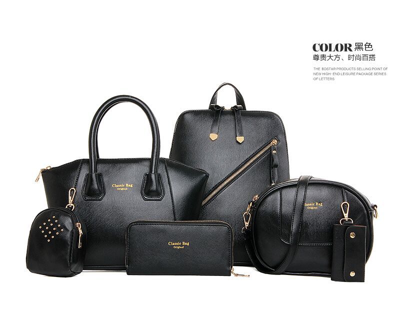 Gaohe Foreign trade autumn and winter style women's bag six piece bag solid color PU bag Single Shou: black