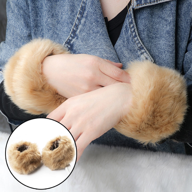 Une paire de gants de poignet en fausse fourrure pour femme et fille, manchettes élastiques et souples, en peluche et à bras épais, accessoires chauds d&#39;hiver